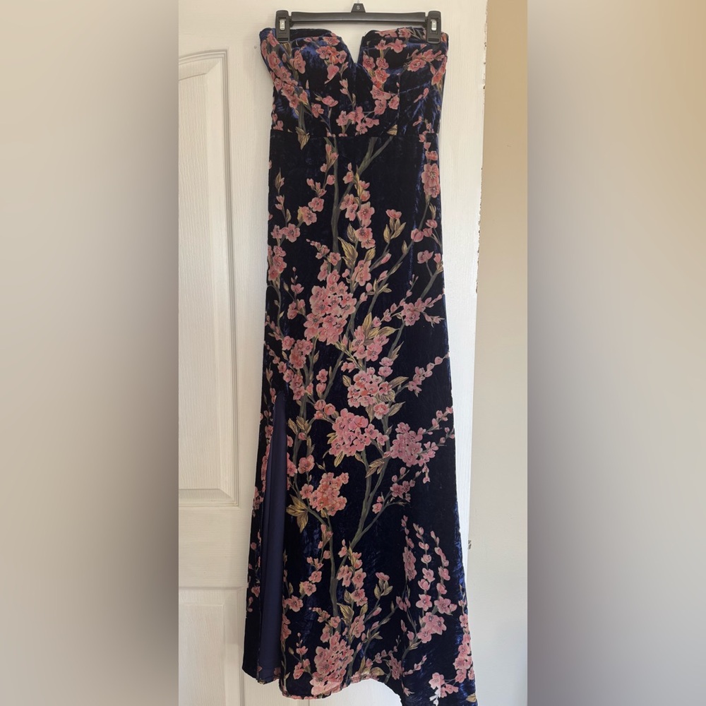 Lulu’s “Bloom In Mind” Navy Blue Floral Velvet Strapless Maxi Dress